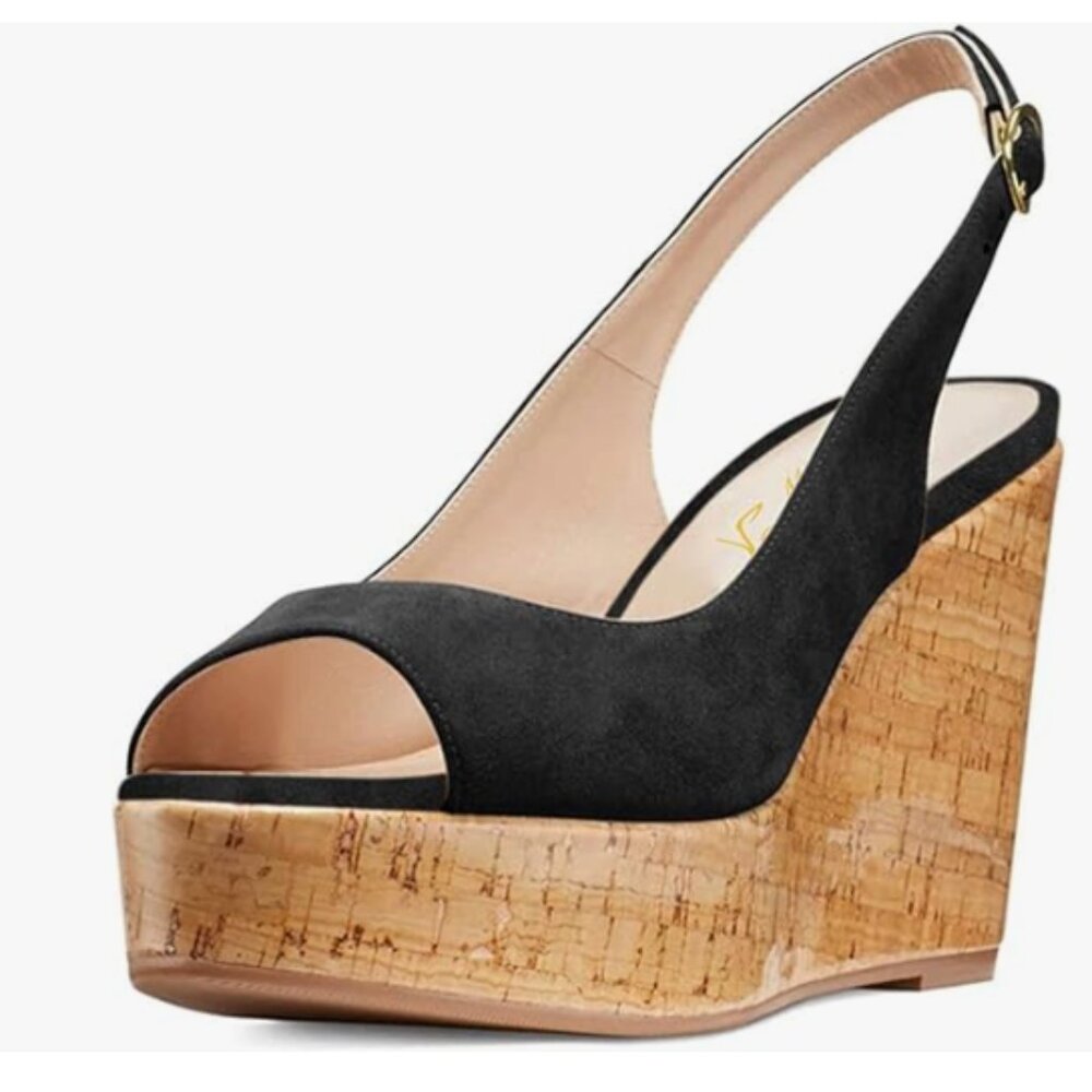 FOWT Black Peep Toe Slingback Platform Wedge High Heel Buckle Open Toe Sandals